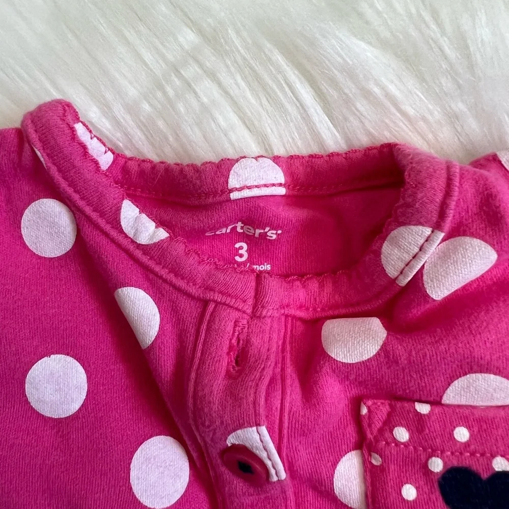 🔴EUC Carter’s Baby Girl Pink & White Polkadot Button Sleeve Onesie SZ 3m💕 - Picture 9 of 10